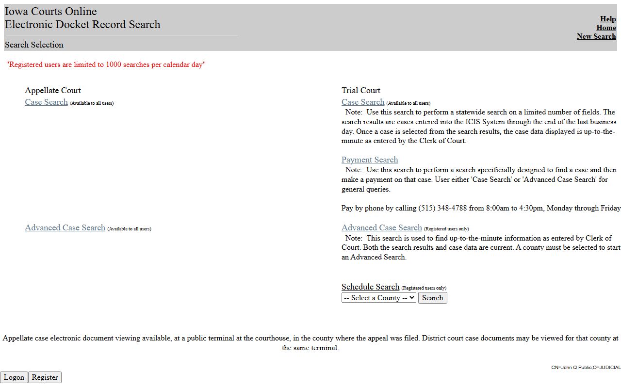 Iowa Courts Online search frame for Polk County court dockets