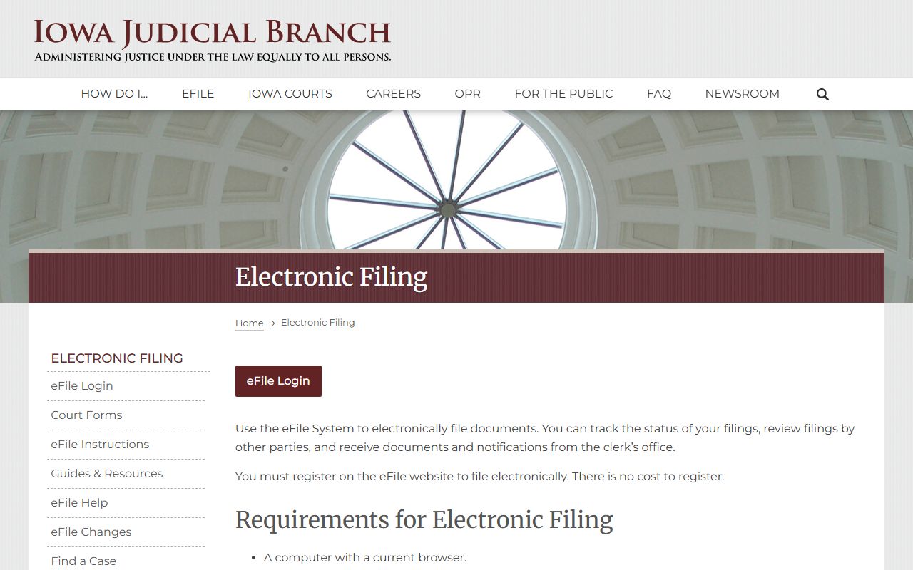 Iowa eFile system page for Polk County court records filings