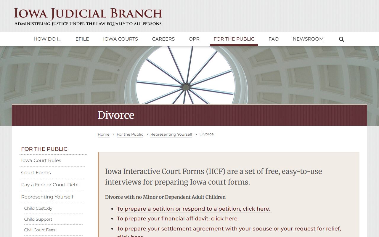Iowa Judicial Branch divorce self-help page for Polk County divorce records