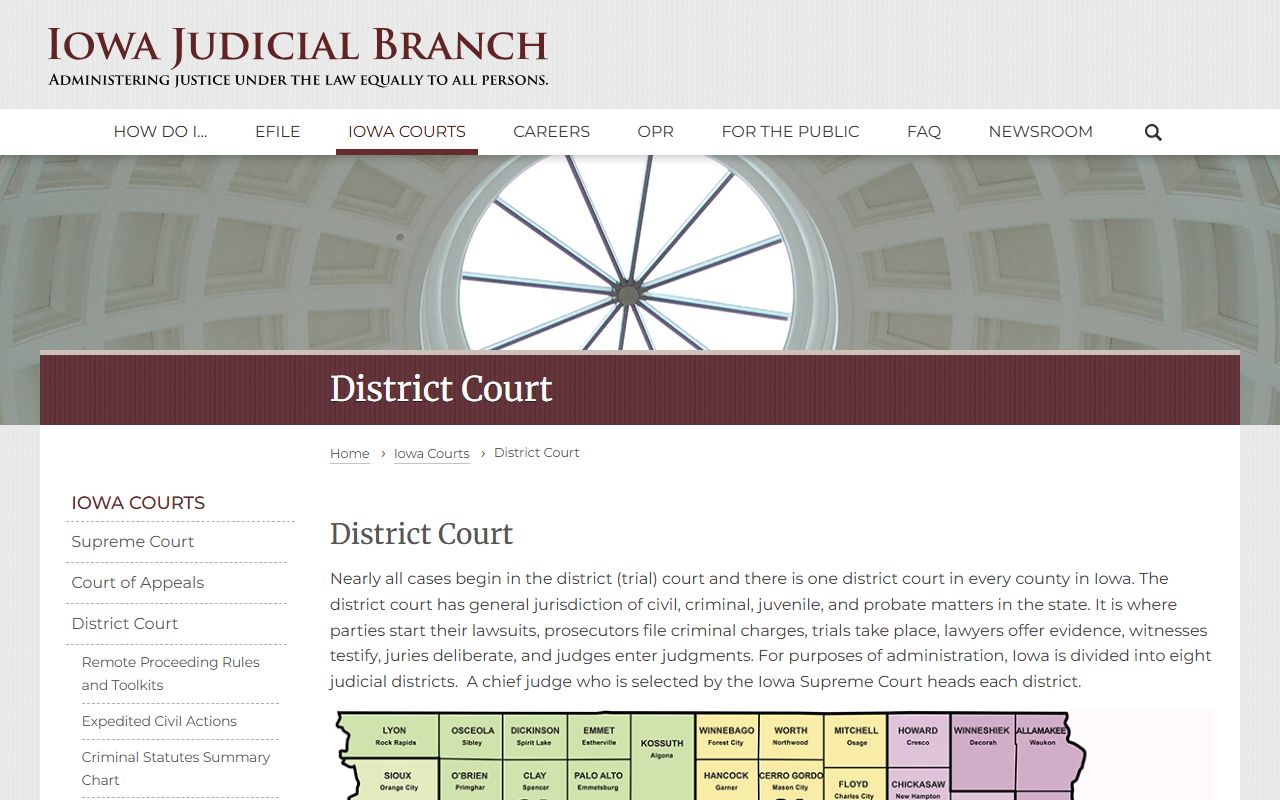 Iowa District Court page describing the Polk County trial court